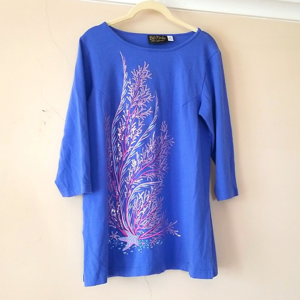 Bob Mackie Art To Wear Pink Sequin Coral + Starfish Embroidered Tunic